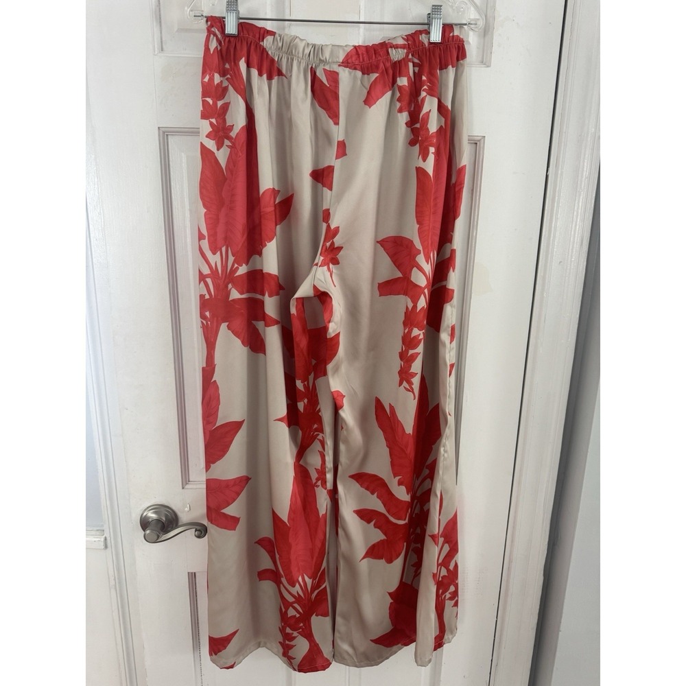 bryn Walker White Wide-Leg Pants with Coral Botanical Print - Picture 3 of 7
